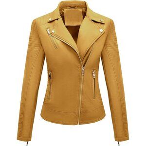 Women's Ginger Faux Leather Quilted Shoulders Peak Lapel & Zipper Biker Jacket